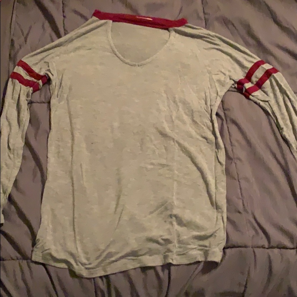 grey striped long sleeved shirt